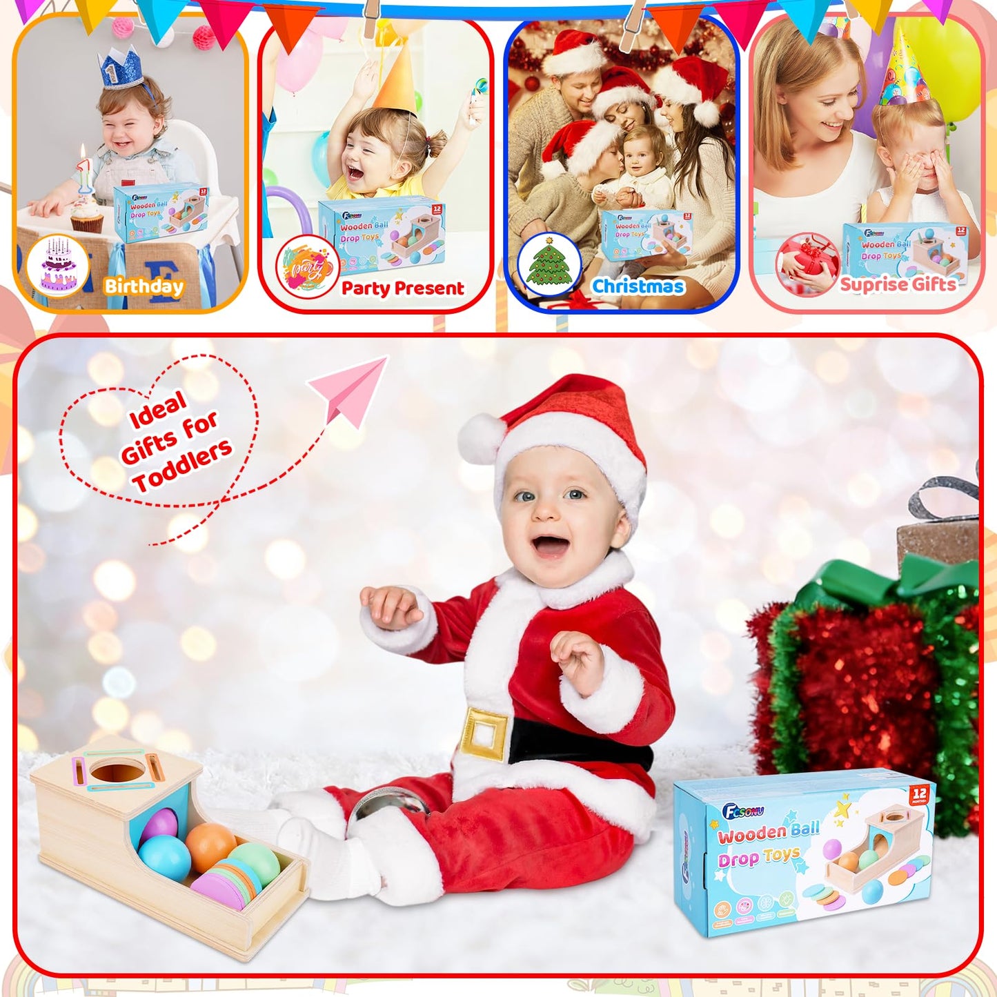 FCSONU Toddlers Montessori Coin Box Toys for 1 2 3 Year Old Boys Girls, Object Permanence Box Ball Drop Toy, Learning Sorting Sensory Toys for Ages 2-3 Kids, 1st Birthday Gifts for Baby 12-18 Months
