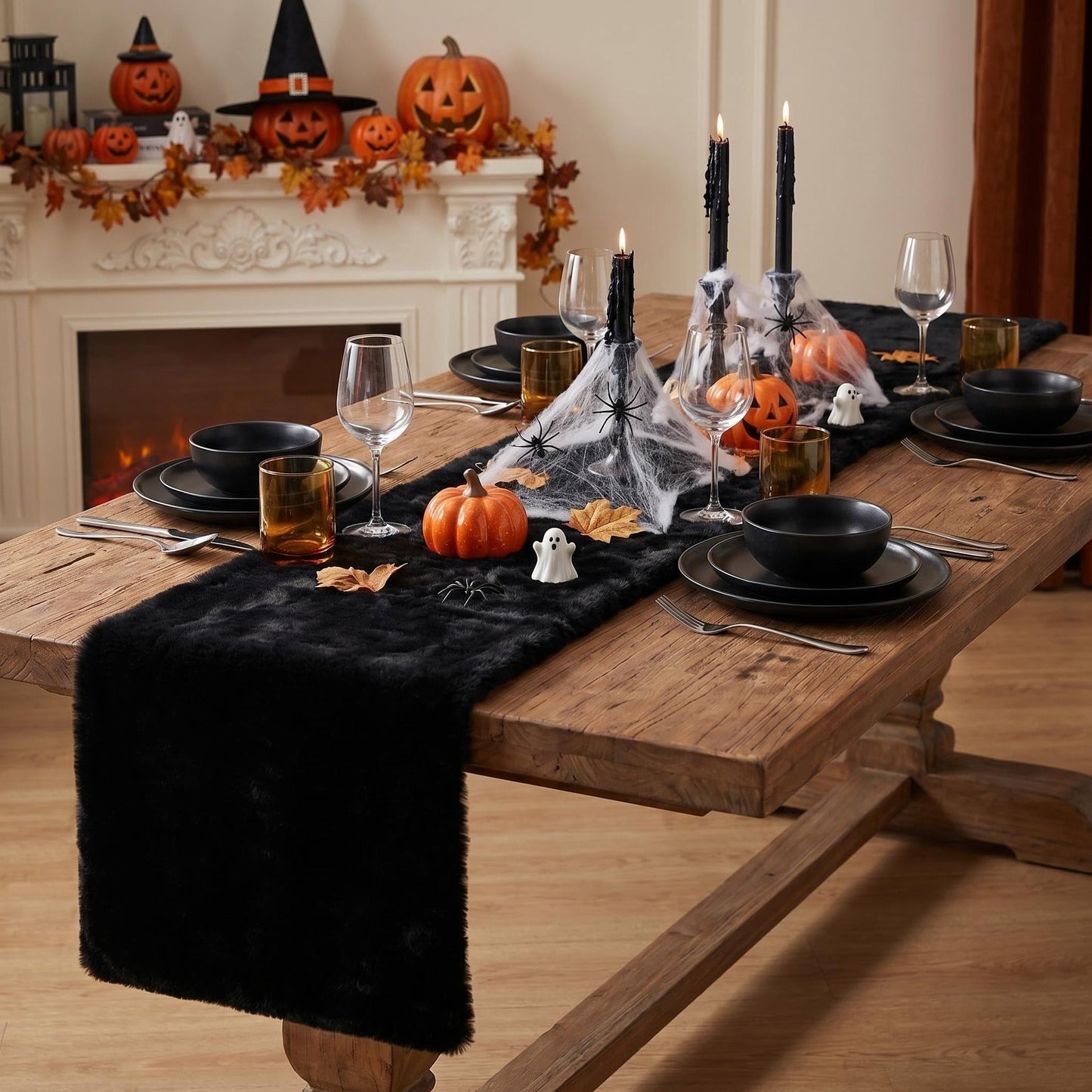 duduta Black Faux Fur Table Runner 48 inches Long, Luxury Fluffy Dresser Runner Nightstand Covers Halloween Wedding Holiday Decor