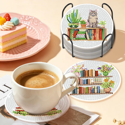 GEEHEIY Book Lover Diamond Art Coasters Kit for Adults, 8PCS DIY Floral Bookshelf Diamond Painting Coasters with Holder, Cozy Reading Aesthetic Home Decor Gifts