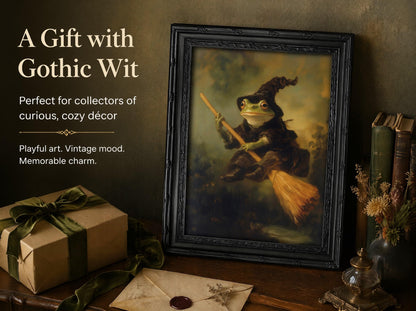 KKP Vintage Frog Witch Wall Art, Framed Goth Frog on Broom Canvas Prints