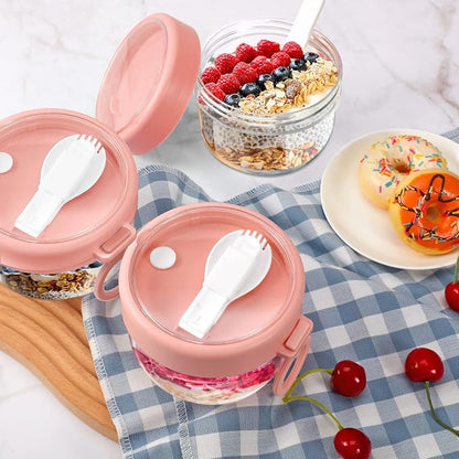 Gerrii 4 Pcs Overnight Oats Container with Lids and Spoons, 20 oz Plastic Overnight Oats Jars Large Capacity Airtight Yogurt Container for Milk, Fruit, Cereal and Salad Storage (Pink)