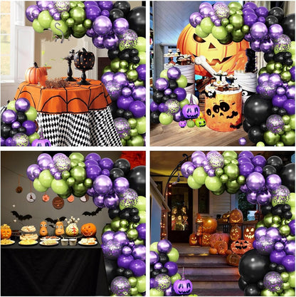 Halloween Balloon Arch Garland Kit, Purple Green Balloon Arch with Purple Confetti Balloons, Black Green Metallic Latex Balloons Set for Halloween Party Decorations