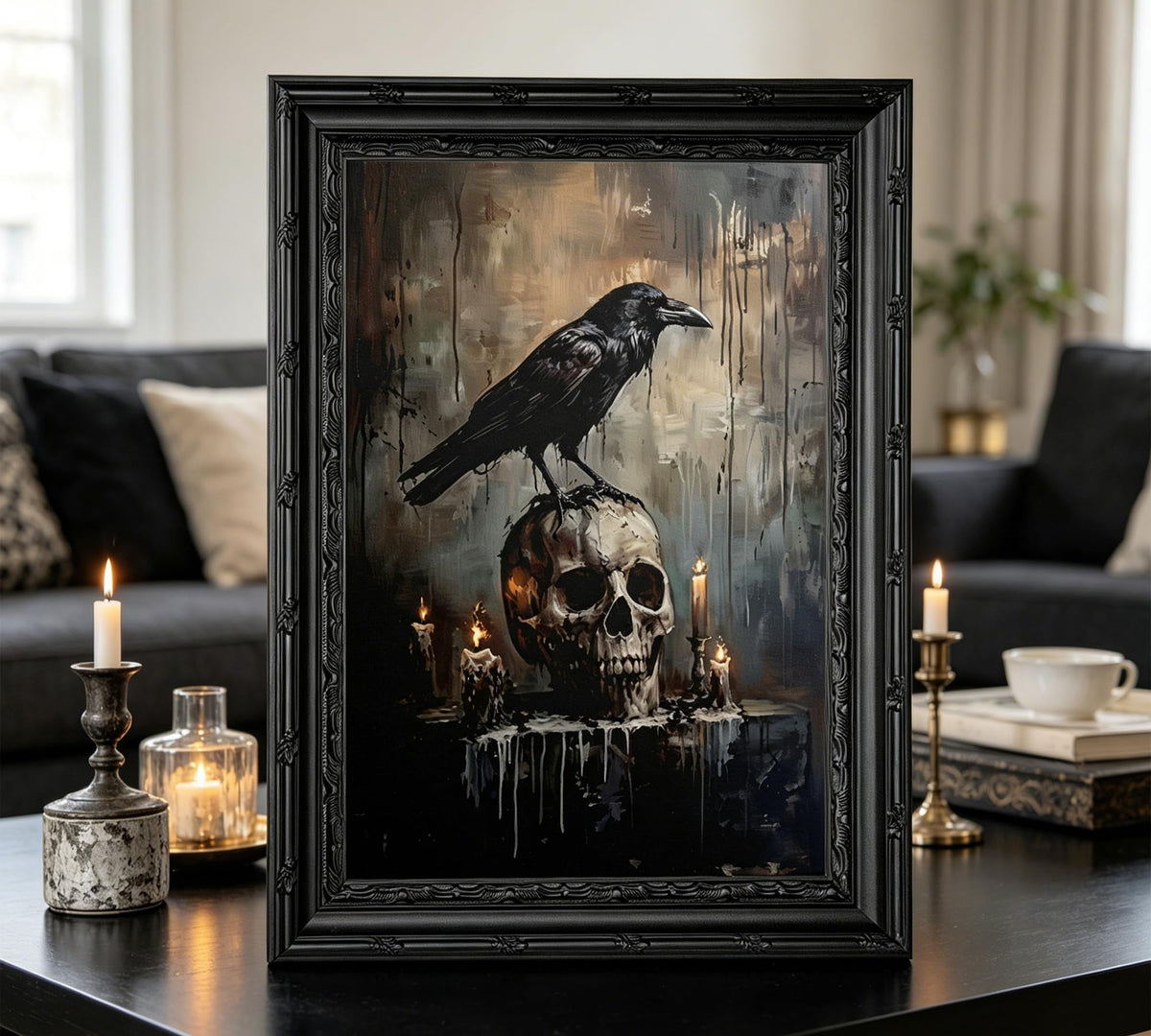 Gothic Crow & Skull Wall Art, Dark Academia Raven Perched on Skull Framed Canvas Wall Decor, Macabre Halloween Art for Home, Living Room, Bedroom, 9x11 Inch