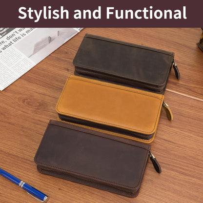 Geslun Genuine Leather Fountain Pen Case - Zippered Ballpoint Pen Pouch Bag with 4 Loops Holder, Inside Open Slot, Handmade Soft Cowhide, Vintage Stationery Gift for Men and Women, Brown