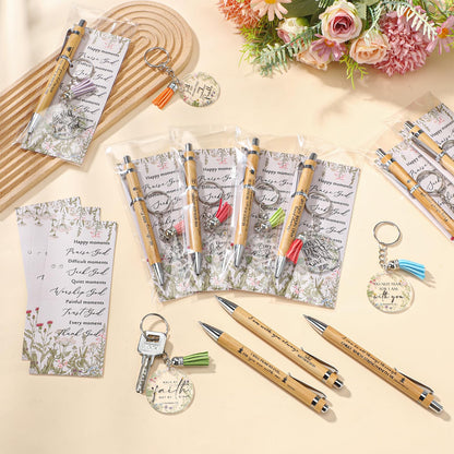 Spakon 10 Sets Fathers Day Christian Gifts Bulk Bible Verse Bamboo Pen Christian Floral Keychain Inspirational Bookmark Religious Church Gift for Church Members Women Sunday School Teacher (Bible)