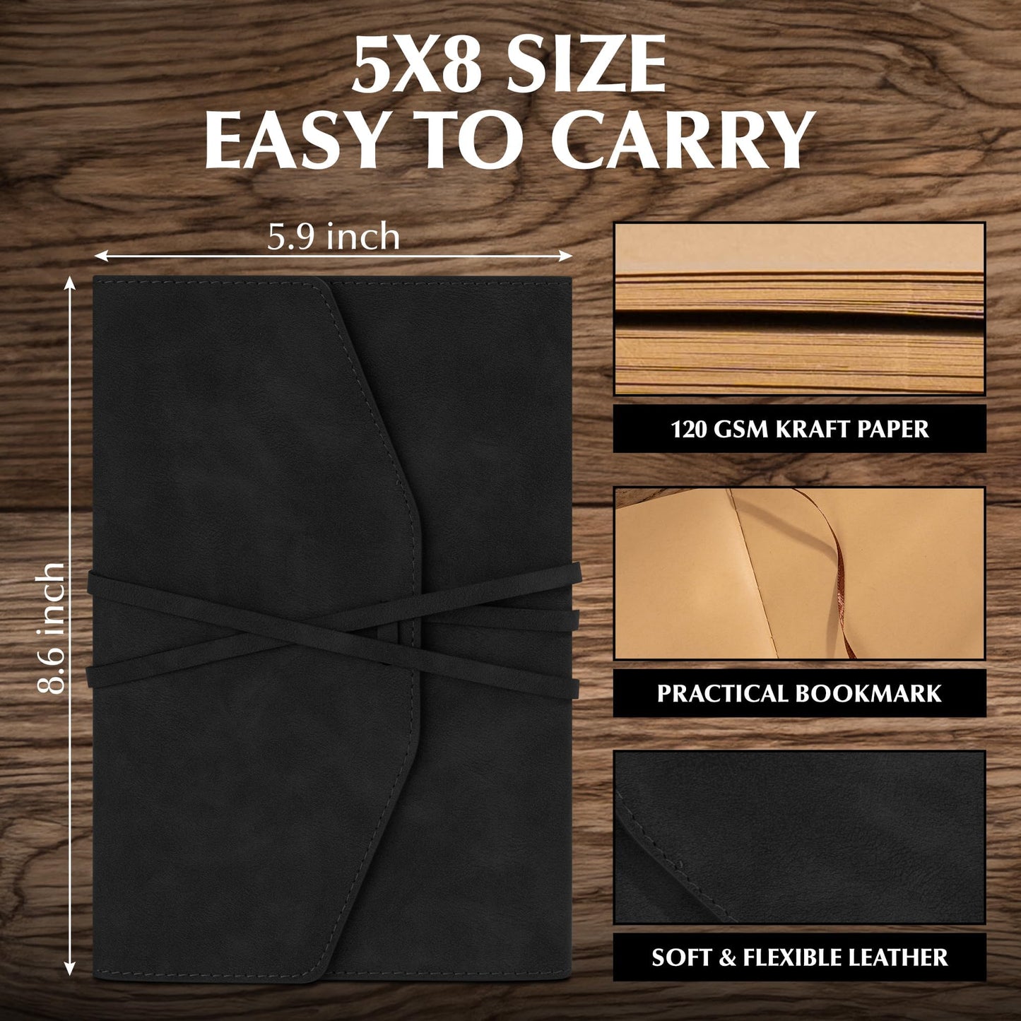 MINICAGIE Vintage Journal for Women Men Leather Bound Junk Journal Notebook 160 Pages Scrapbook Book of Shadows Journals for Writing Diary Travel Journaling Sketching, 5.9x 8.6 in, Soft Cover, Black