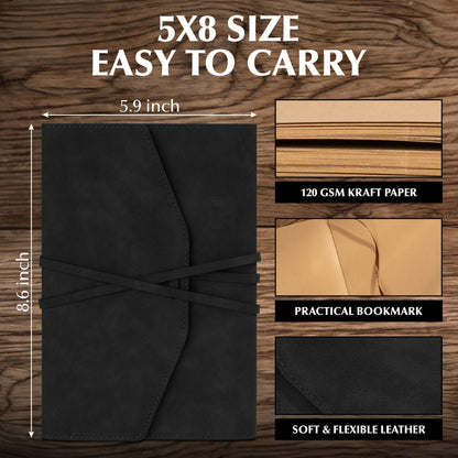 MINICAGIE Vintage Journal for Women Men Leather Bound Junk Journal Notebook 160 Pages Scrapbook Book of Shadows Journals for Writing Diary Travel Journaling Sketching, 5.9x 8.6 in, Soft Cover, Black