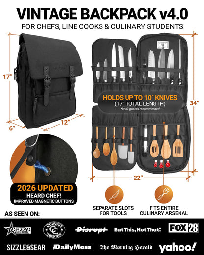Chef Knife Bag Vintage Backpack VINTAGE, Professional Knife Carrying Case for Chefs & Culinary Students, 30+ Pockets, Holds 10" Knives, Water-Resistant 600D Material (Night Black)