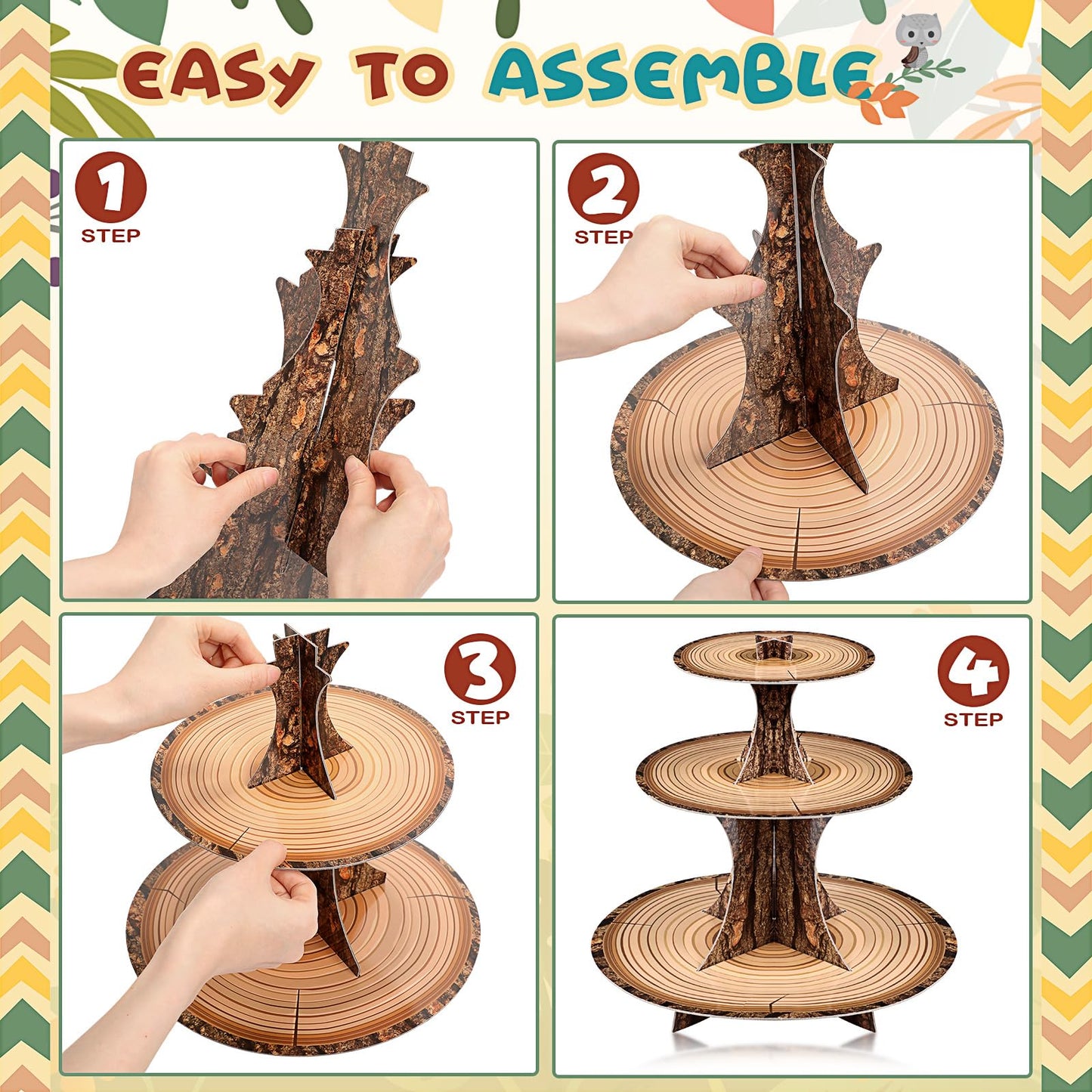Sawysine 7 Pcs Woodland Cupcake Stand Set Woodland Baby Shower Decorations 3 Tier 2 Wooden Cupcake Stand 1 Rustic Cake 4 Rectangle Serving Tray Birthday Western Camping Hunting Supplies(Circle)
