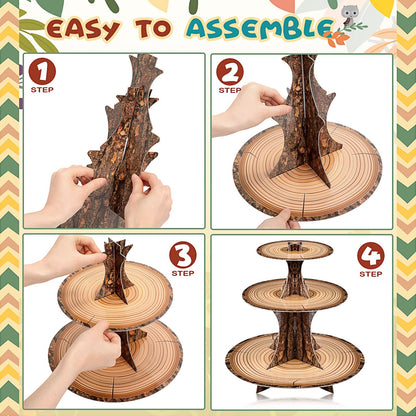 Sawysine 7 Pcs Woodland Cupcake Stand Set Woodland Baby Shower Decorations 3 Tier 2 Wooden Cupcake Stand 1 Rustic Cake 4 Rectangle Serving Tray Birthday Western Camping Hunting Supplies(Circle)