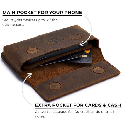 Genuine Leather Horizontal Phone Holster for Men, Horizontal Cell Phone Holder for Belt w/Magnet Closures, Handcrafted Cellphone Case for iPhone and Smartphones