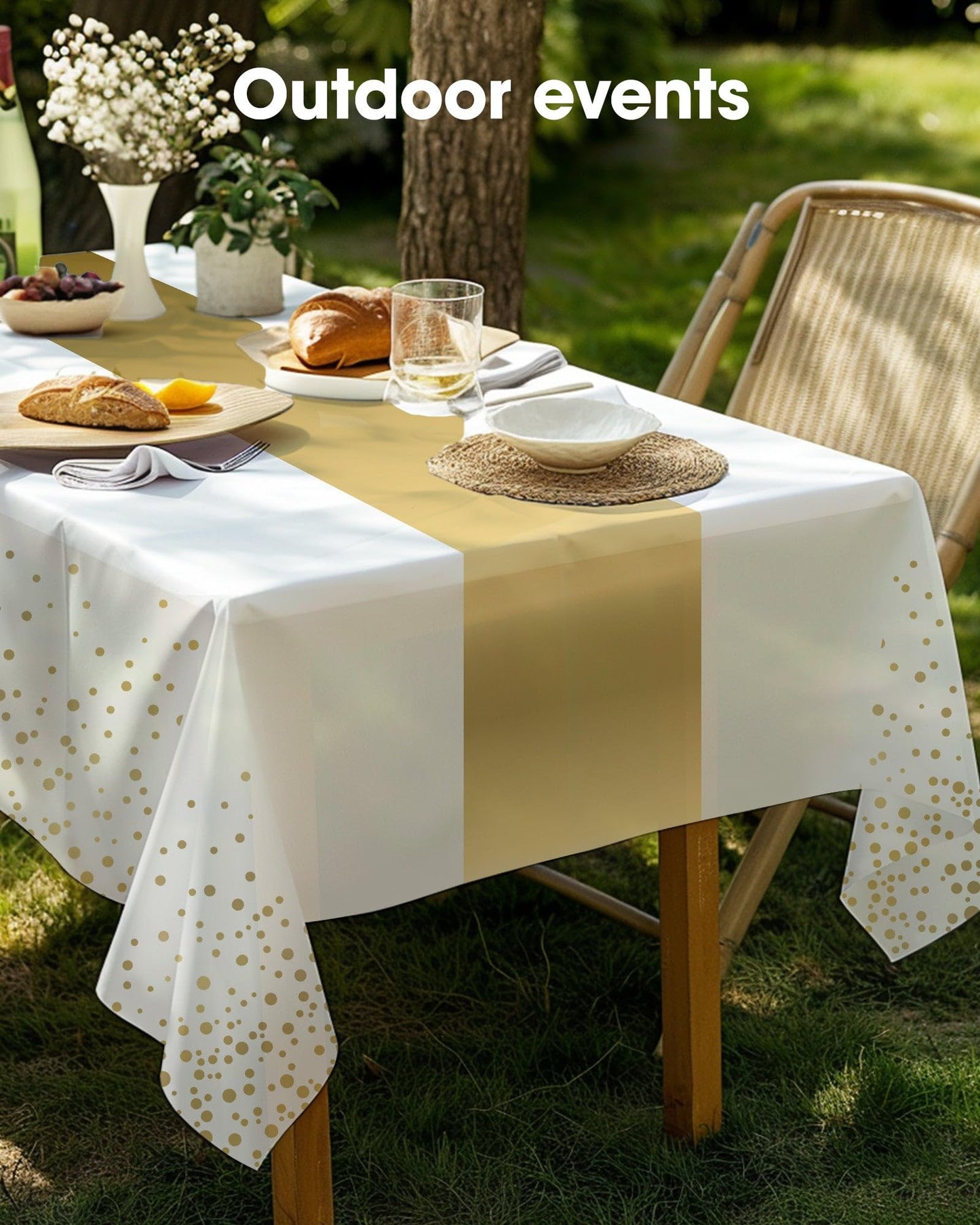 Pureegg Plastic Table Cloth Disposable 10 Pack, 54 x 108 Inch, Table Runner Style, Graduation Decorations 2026, Party Tablecloths, Rectangle, Plastic Cover, Leakproof & Sturdy, White Gold