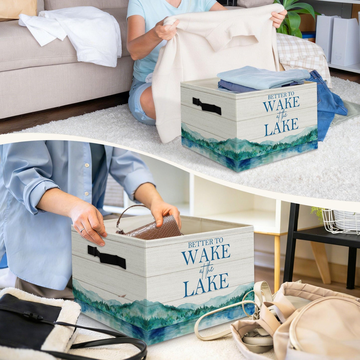 YSFUYZCT Lake House Cube Storage Bin, Lake House Gifts Collapsible Fabric Storage Cubes with Handles, Mountain Landscape Decorative Storage Boxes Baskets for Bedroom Bathroom, 14x10 Inch