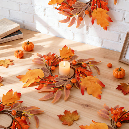 4 Pcs Mini Fall Wreaths Thanksgiving Table Centerpieces Fall Candle Rings 9 Inch Maple Leaf Wreaths for Cabinets Farmhouse Autumn Wreath for Front Door Porch Wall Window Decorations