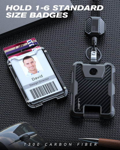 LIUGX Carbon Fiber Badge Holder with Retractable Breakaway Lanyard, American Flag, Badge Reel with Heavy Duty ID Card Holder (Holds 6 Cards) with 20" Retractable Cord, Keychain, 4.2 oz, Black