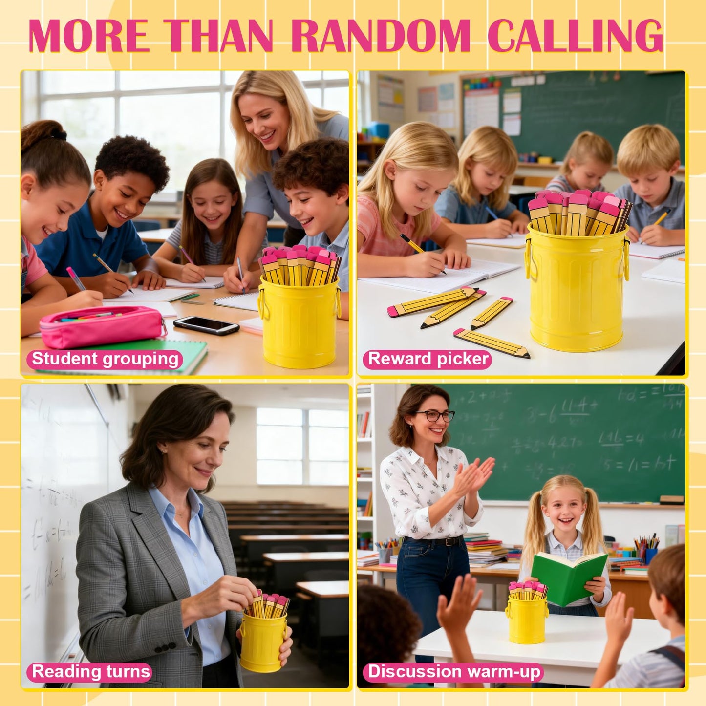 Jieting 101 Pcs Pencil Flip Name Sticks with Metal Holder and Sticker, Random Student Selector Pick Me Sticks for Teacher Classroom Management and Learning Activities