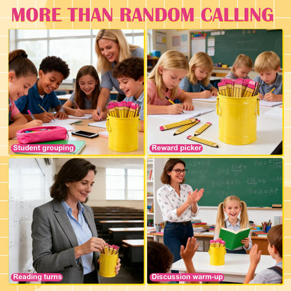 Jieting 101 Pcs Pencil Flip Name Sticks with Metal Holder and Sticker, Random Student Selector Pick Me Sticks for Teacher Classroom Management and Learning Activities