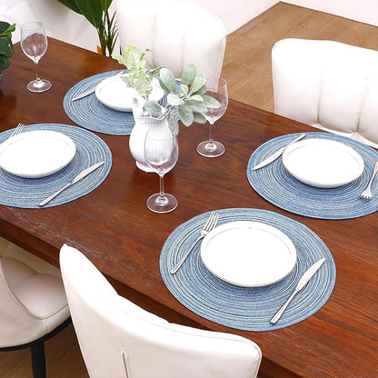 SHACOS Round Braided Placemats Set of 8 Circle Place Mats Cotton Polyester Kitchen Table Mats for Dining Table Wedding Party Decor (Blue Gray, 8)