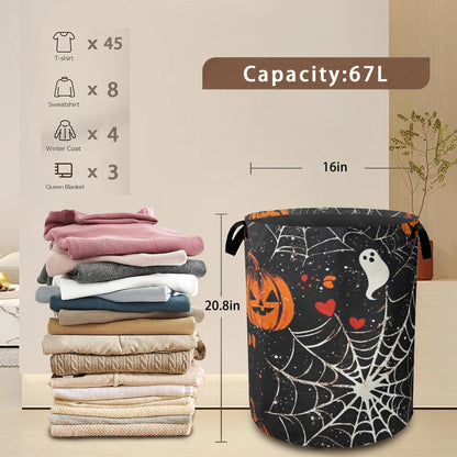 Halloween Laundry Basket Pumpkin Collapsible Hamper with Handles, Bat Spider Web Waterproof Oxford Storage Bin for Bathroom Bedroom Nursery Home Halloween Decor 16"x20"