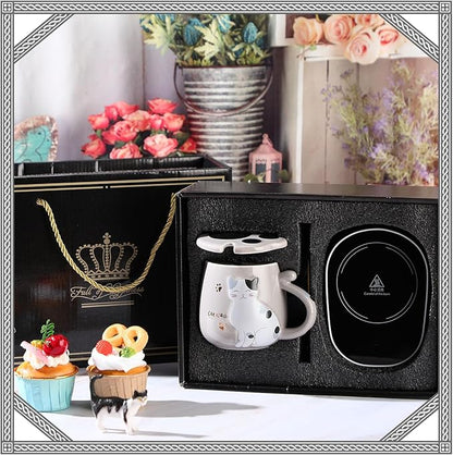 Honeydak Coffee Mug Warmer Cute Cat Mug Set Cup Warmer for Women Heated Coffee Warmers for Mom Home Office Desk Valentine's Day Anniversary Birthday Gifts(Cat,Gray)