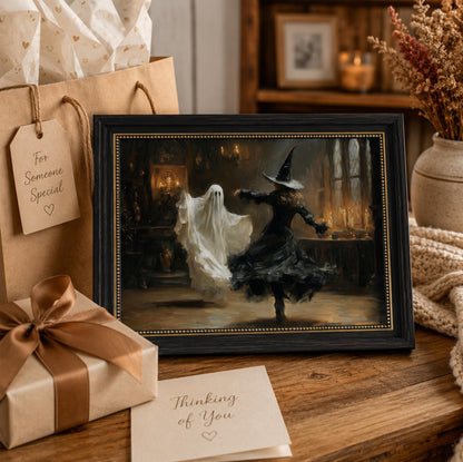 Vbaourut Framed Halloween Wall Art, Dancing Witch and Ghost Canvas Painting, Vintage Gothic Poster with Dark Brown Frame and Upgraded Hook and Loop for Living Room, 12x16 in