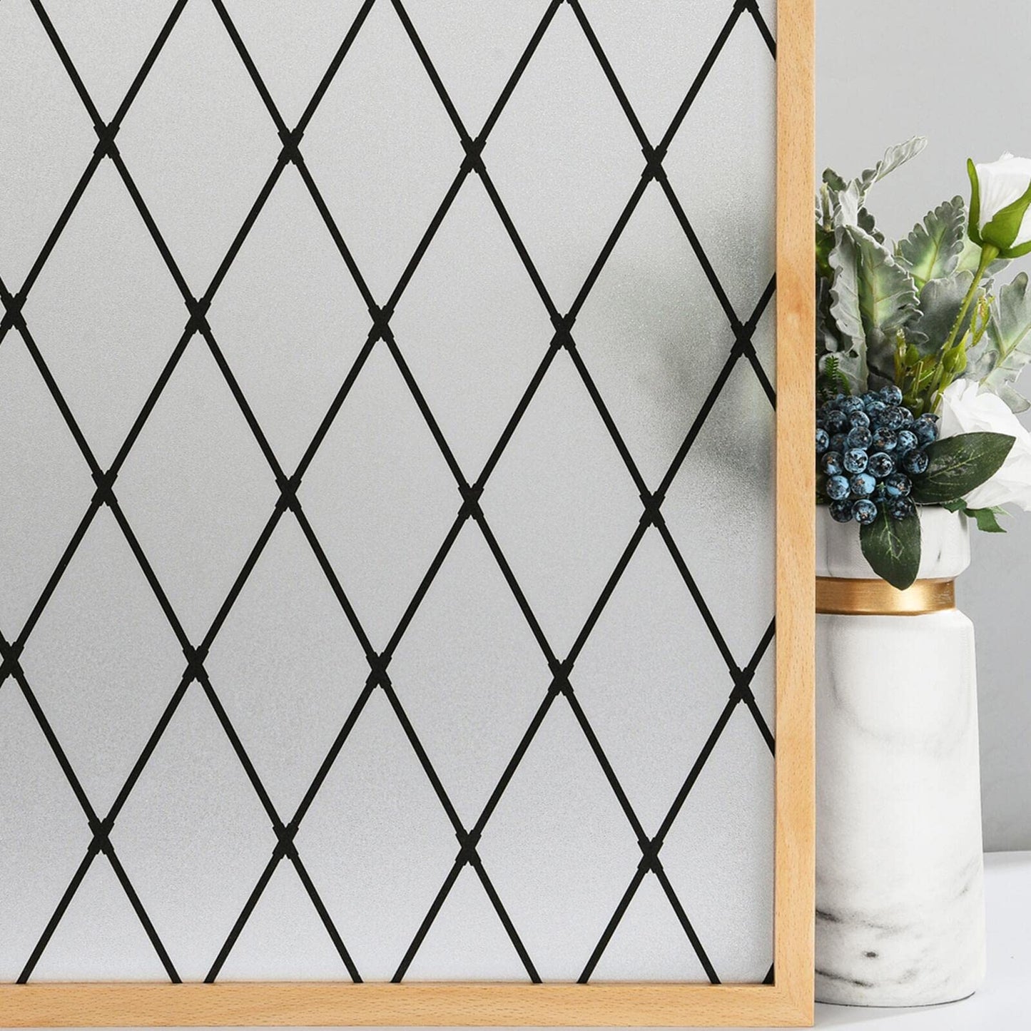 VELIMAX Frosted Black Lattice Window Film Static Cling Window Privacy Films Decorative Glass Vinyl Film for Windows Removable Sun Blocking Anti-UV 17.7x157.4 inches