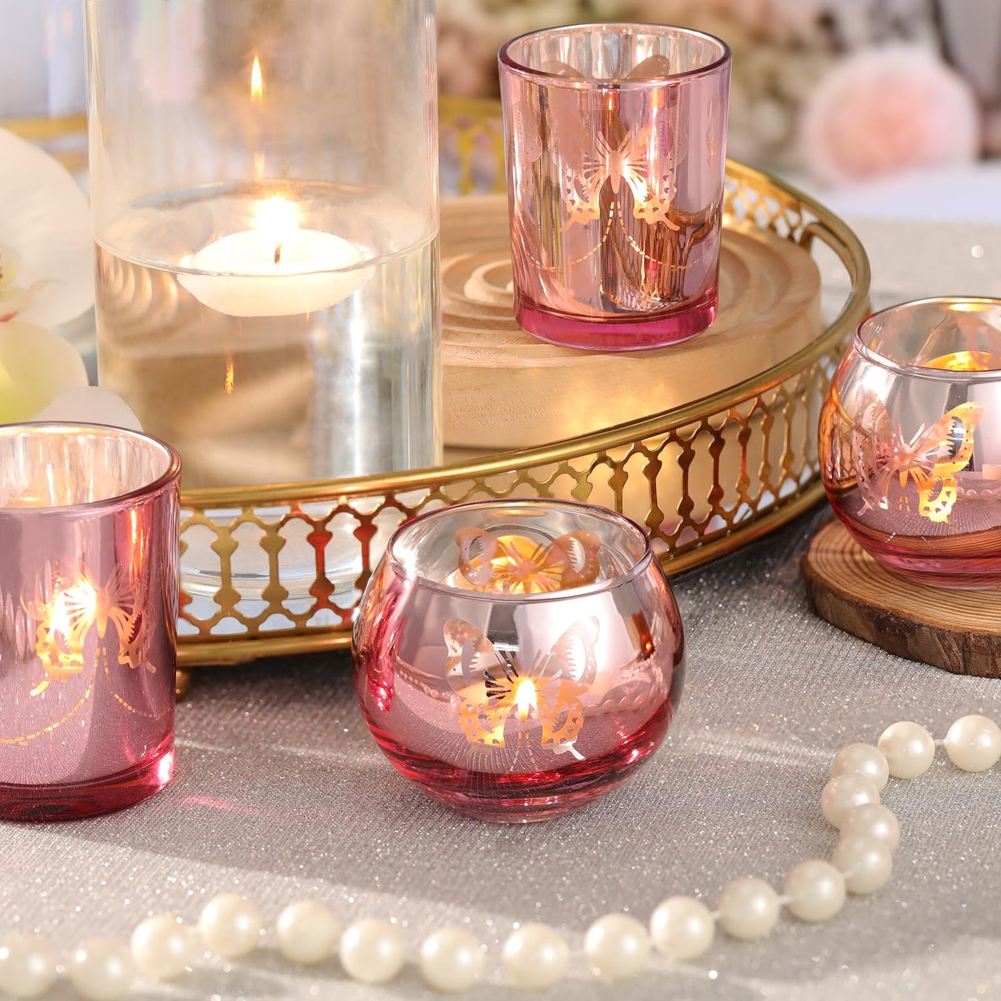 Lanttu Pink 12 Pcs Combination Tea Lights Candle Holder Decorative with Butterfly Pattern, Votive Candle Holders for Wedding, Birthday, Anniversary, Parties, and Holiday Decorations