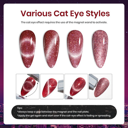 Beetles Cat Eye Gel Nail Polish Set, 6 Colors Glitter Red Pink Shiny Brown Burgundy Purple Blue Green Magnetic Effect Sparkle Stunning Nail Gel Polish Kit Soak Off UV Manicure Gifts for Women