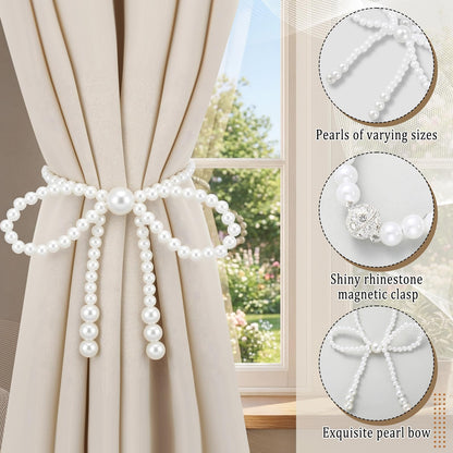 Lewtemi 4 Pcs Pearl Bow Magnetic Curtain Tiebacks Decorative Curtain Holdbacks No Drill for Mother's Day Home Outdoor Bedroom Office (Bowknot)