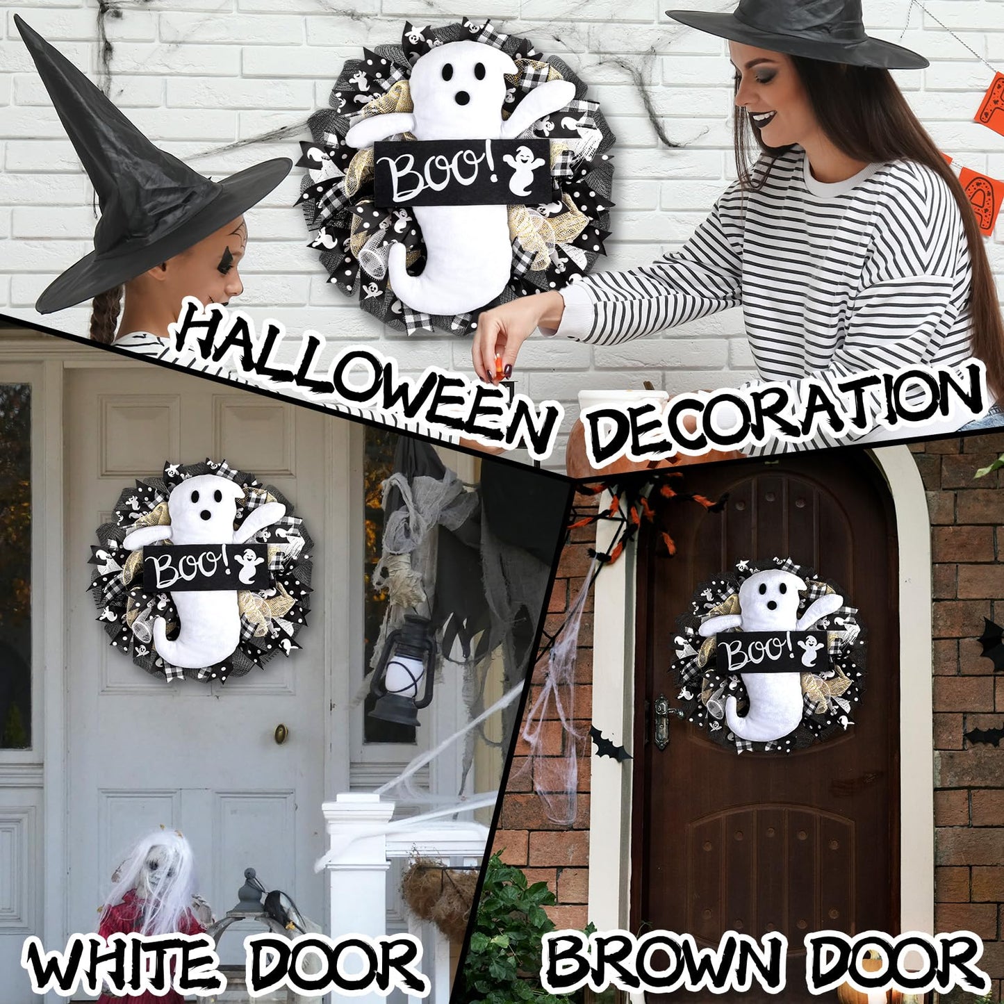 16 Inch Halloween Ghost Wreath Burlap Wreath with Ghost Doll Artificial Hanging Garland for Halloween Decorations Indoor Outdoor Party Supplies
