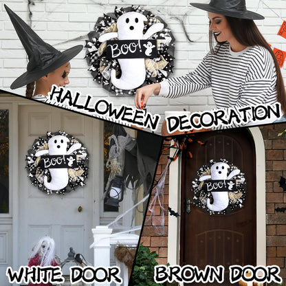 16 Inch Halloween Ghost Wreath Burlap Wreath with Ghost Doll Artificial Hanging Garland for Halloween Decorations Indoor Outdoor Party Supplies