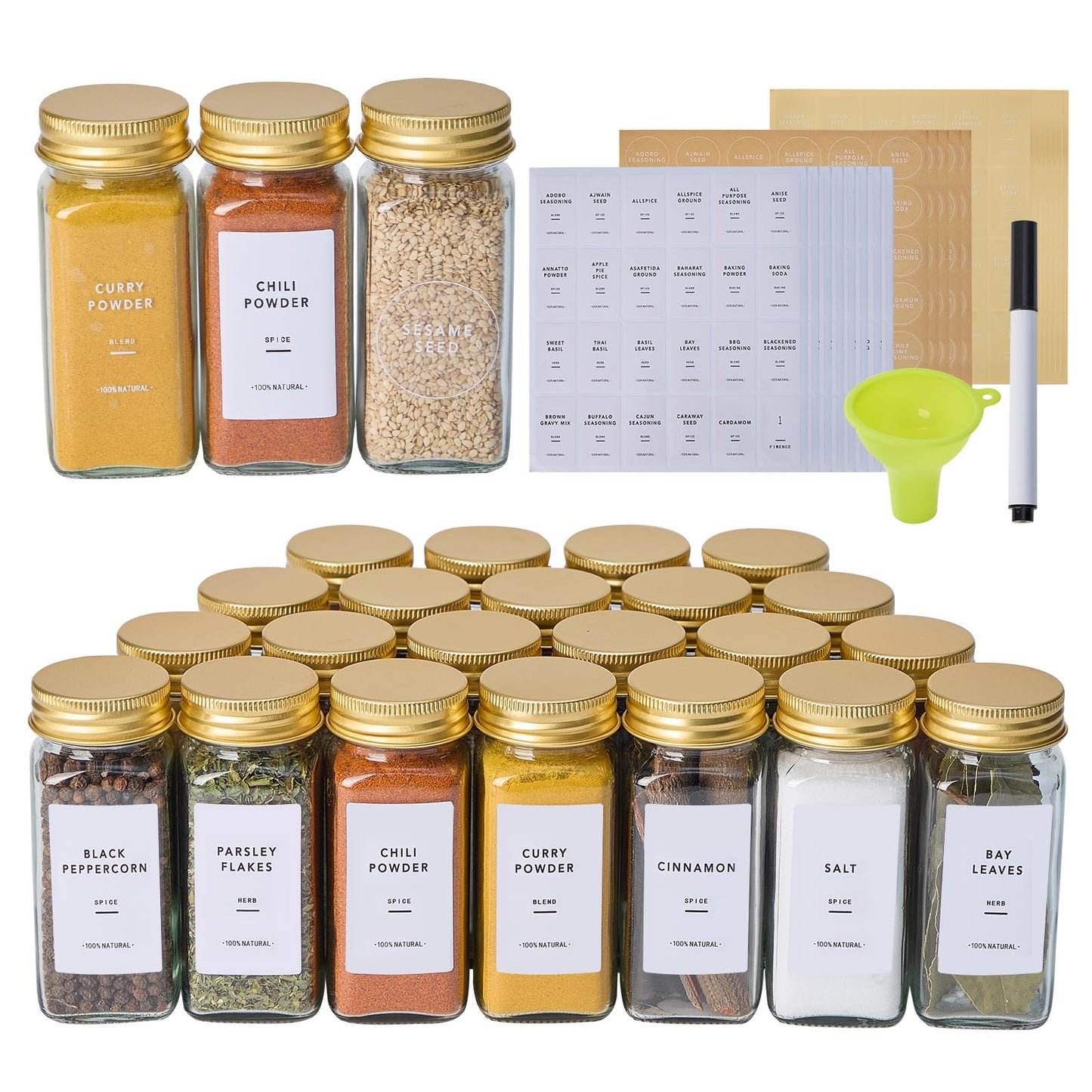 Fiwence 36 Pcs Glass Spice Jars with 576 Labels, 4oz Empty Square Spice Containers,Seasoning Bottles with Gold Metal Caps - Shaker Lids, Funnel and Pen Included