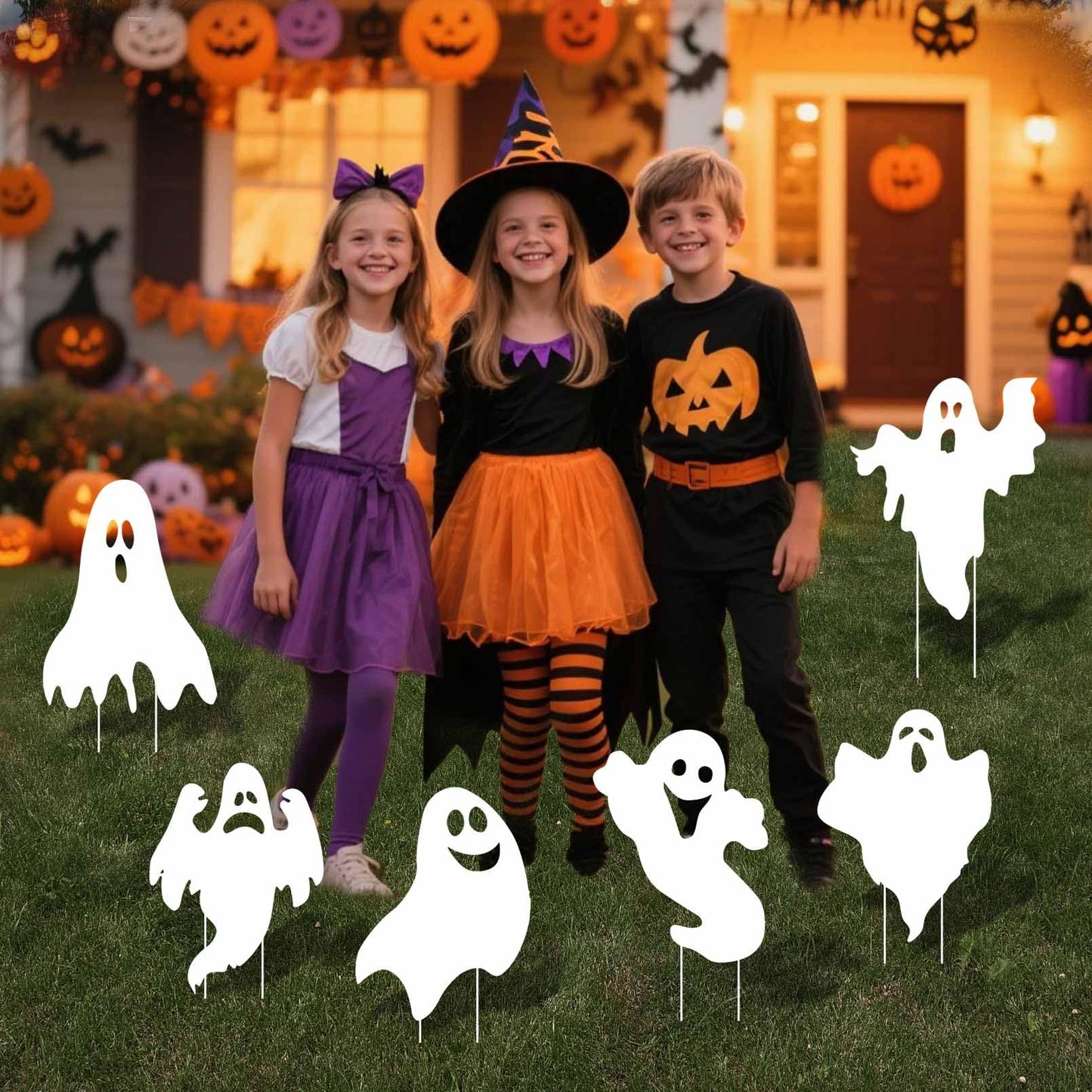 EIGHTSTATES 5pcs Halloween Ghost Yard Signs with Stakes - Black - Plastic & Wood - 12"x15" - Outdoor Garden Lawn Decor - Halloween Party Favor