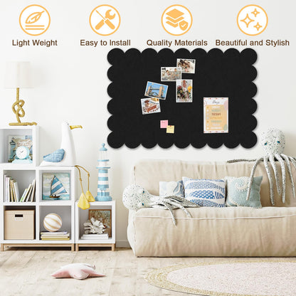 Black Scalloped Felt Bulletin Board - 36 x 24 Inches Large Felt Board Foldable Cork Board Alternative Photo Board Self-Adhesive Vision Board Decorative Pin Board for Wall