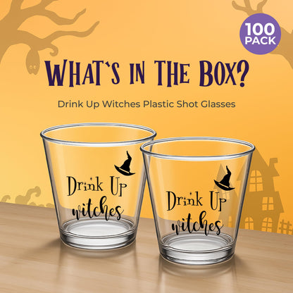 Drink Up Witches (Both Sides) Halloween Shot Glasses Disposable Set of 100, 2oz Each, Plastic Jello Halloween Shot Cups for Spooky Party Drinkware - Ideal Horror Glasses For Drinking Decorations