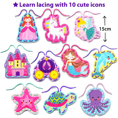 KRAFUN My First Lacing Cards Kit for Girls Age 3+, 10 Princess Unicorn Mermaid Arts & Crafts Projects, Fine Motor Skills Toys with Castle Fairy Crown Seahorse Starfish