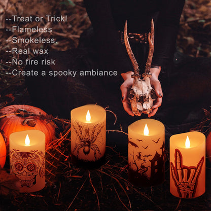 Softflame Halloween Flameless LED Candles with Remote Control, 3"x 5"Battery Operated Pillar Real Wax with Timer for Halloween Decorations, Spider Candle