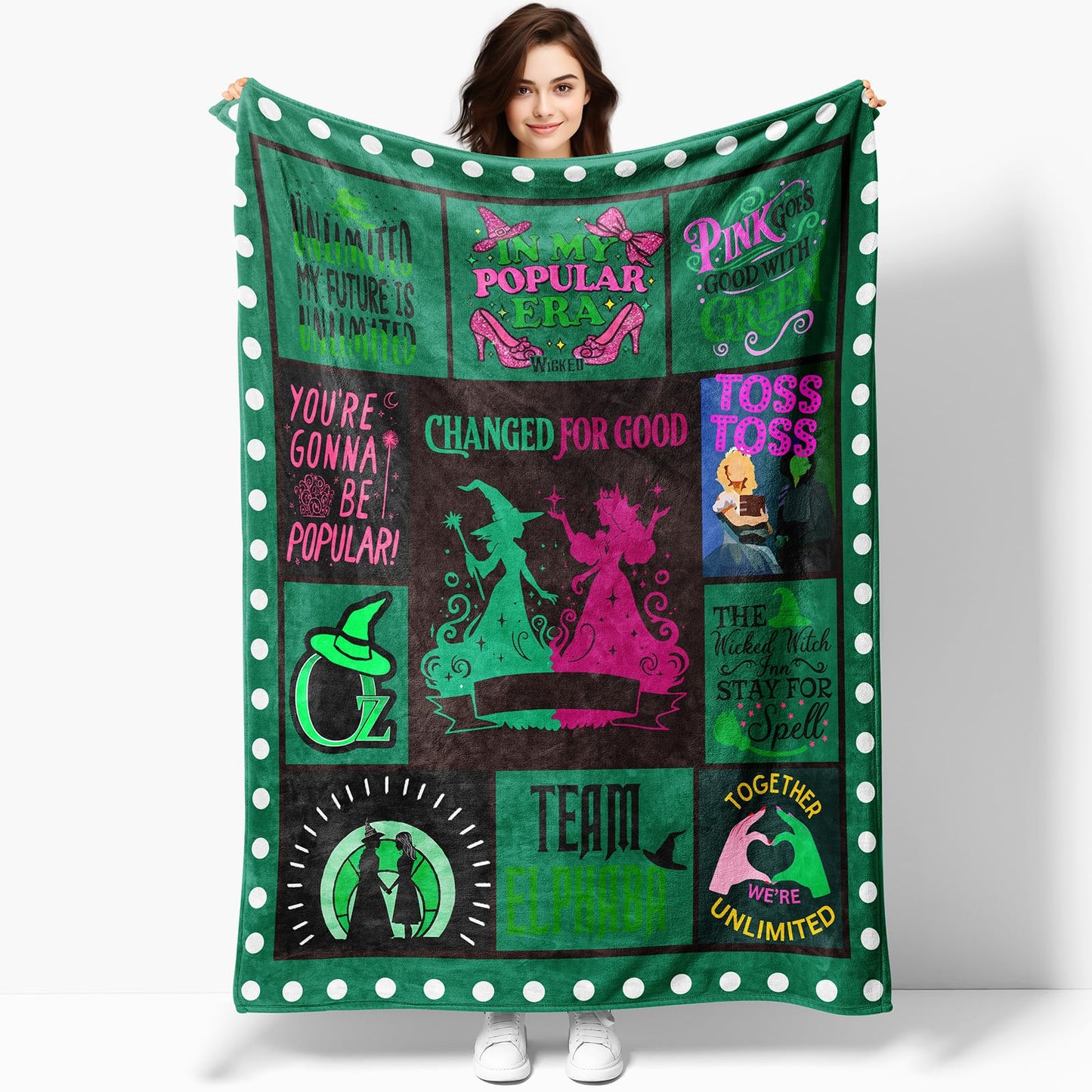 50'' x 40'' Witch Green Vintage Flannel Blanket, Evil Gift Queen Throw Broom, Elphaba Hat Glinda Magic Movie Land Blanket, All Seasons Warm Cozy Soft Blanket for Sofa Bed Halloween Women Fans 1