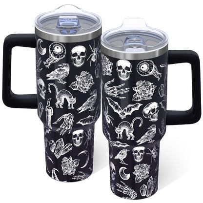 40oz Goth Tumbler With handle, Gothic Halloween Stainless Steel Leak Proof Travel Coffee Mug Cup Water Bottle Tumbler With Lid and Straw, Witchy Goth Gifts for Women Birthday Christmas Halloween