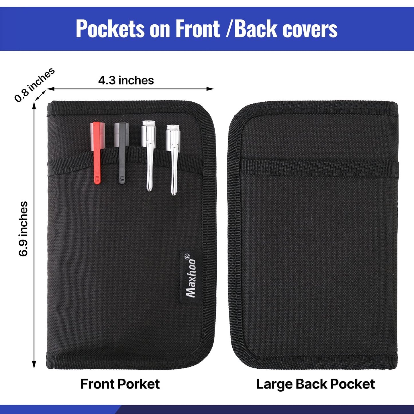 Maxhoo Journal Cover for Field Notes Notebooks, Pocket Notebook Cover for Moleskine Cahier 3.5 x 5.5, Journal Notebook Planner Sketchbook Cover with Zipper Pen Holder (Black)