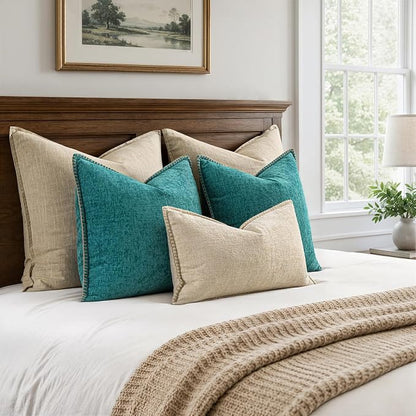 MIULEE Pack of 2 Couch Throw Pillow Covers 20x20 Inch Teal Farmhouse Decorative Pillow Covers with Stitched Edge Soft Chenille Solid Dyed Summer Pillow Covers for Sofa Bed Living Room