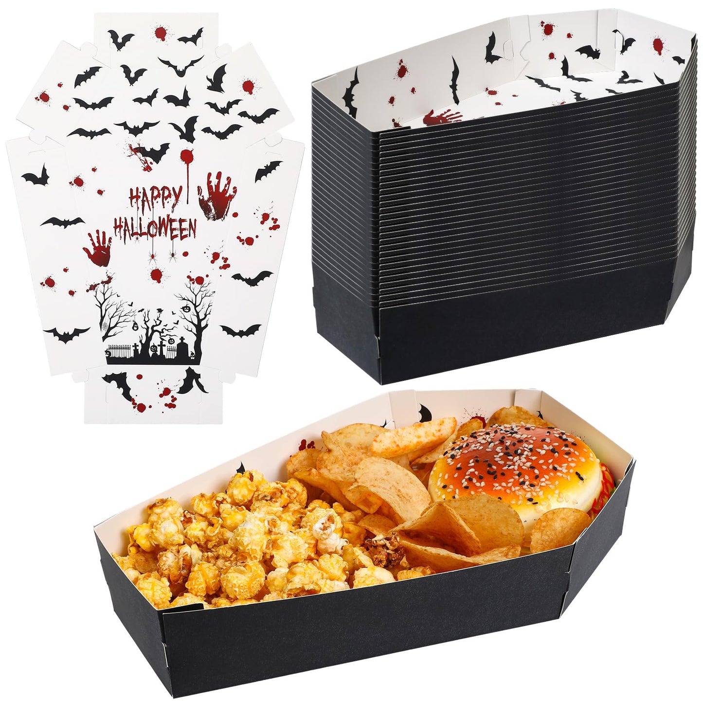 Mumufy 36 Pieces Summer Halloween Paper Tray Disposable Coffin Bowl for Treat Candy Snack Spooky Goth Food Holder Trays for Halloween Party Supplies 10.24 x 6.3 x 1.9 Inches