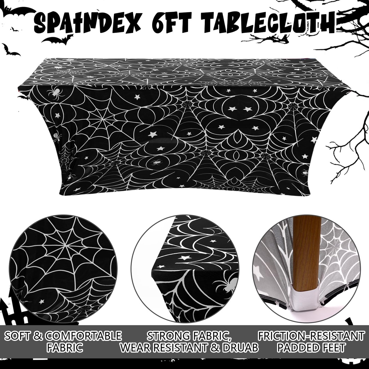 Oudain 2 Pcs Halloween Stretch Table Cover 6 Feet White Black Spider Web Spandex Table Clothes Gothic Spider Cobweb Scary Party Decorations for Halloween Home Decorations Party Celebration