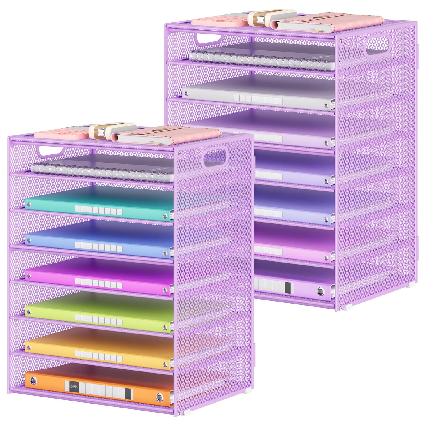 Lavatino 2 Pack 8-Tier Office Desk File Organizer, Letter Tray Paper Organizer with Handle, Including 5 Adjustable Slide Trays for Organizing Desk Workspace Accessories and Supplies (Purple Mesh)