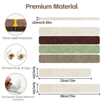 GoTiling Cork Board for Walls - 8 Pack Felt Pin Board Bar Strips - Self-Adhesive Lightweight Bulletin Board - Cork Board for Office with 40 Push Pins No Damage for Wall