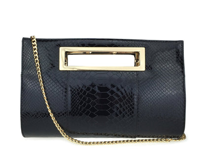 HOXIS Classic Crocodile Pattern Faux Patent Leather Metal Grip Cut it out Clutch with Shoulder Strap Womens Handbag(Black)