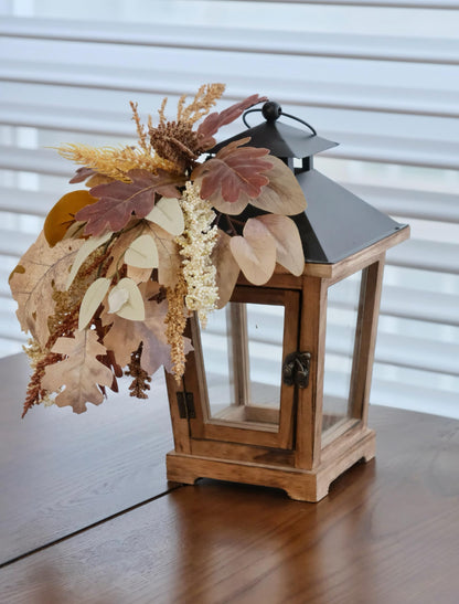 LushNook Fall Lantern Decoration, Large Wooden Hurricane Candle Lantern Decorated with Autumn Wheat Leaves, Fall Decor for Home, 14" Tall