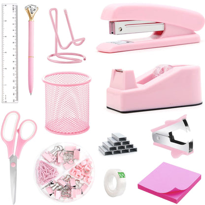 Pink Office Supplies, Pink Desk Accessories, Stapler, Staple Remover, Tape Holder, Pen Holder, Ballpoint Pen, Scissor, Binder Clips, 1000pcs Staples, Phone Holder, Ruler, Transparent Glue and Notes