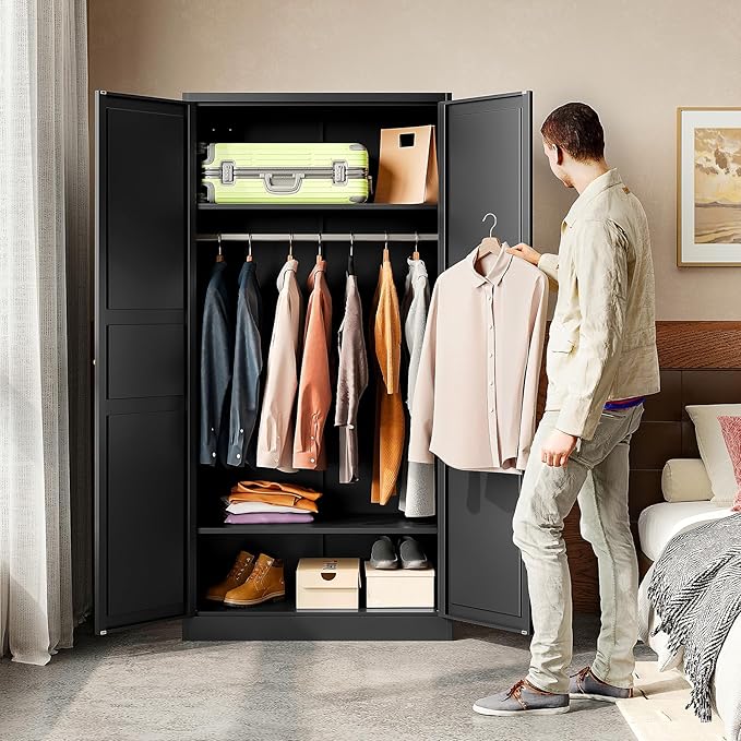 BYNSOE Metal Armoire Wardrobe Closet with 2 Doors 72'' Wardrobe Cabinet with Hanging Rail Metal Closet with Adjustable Shelves for Bedroom Require Assembly (Black, 72inch)