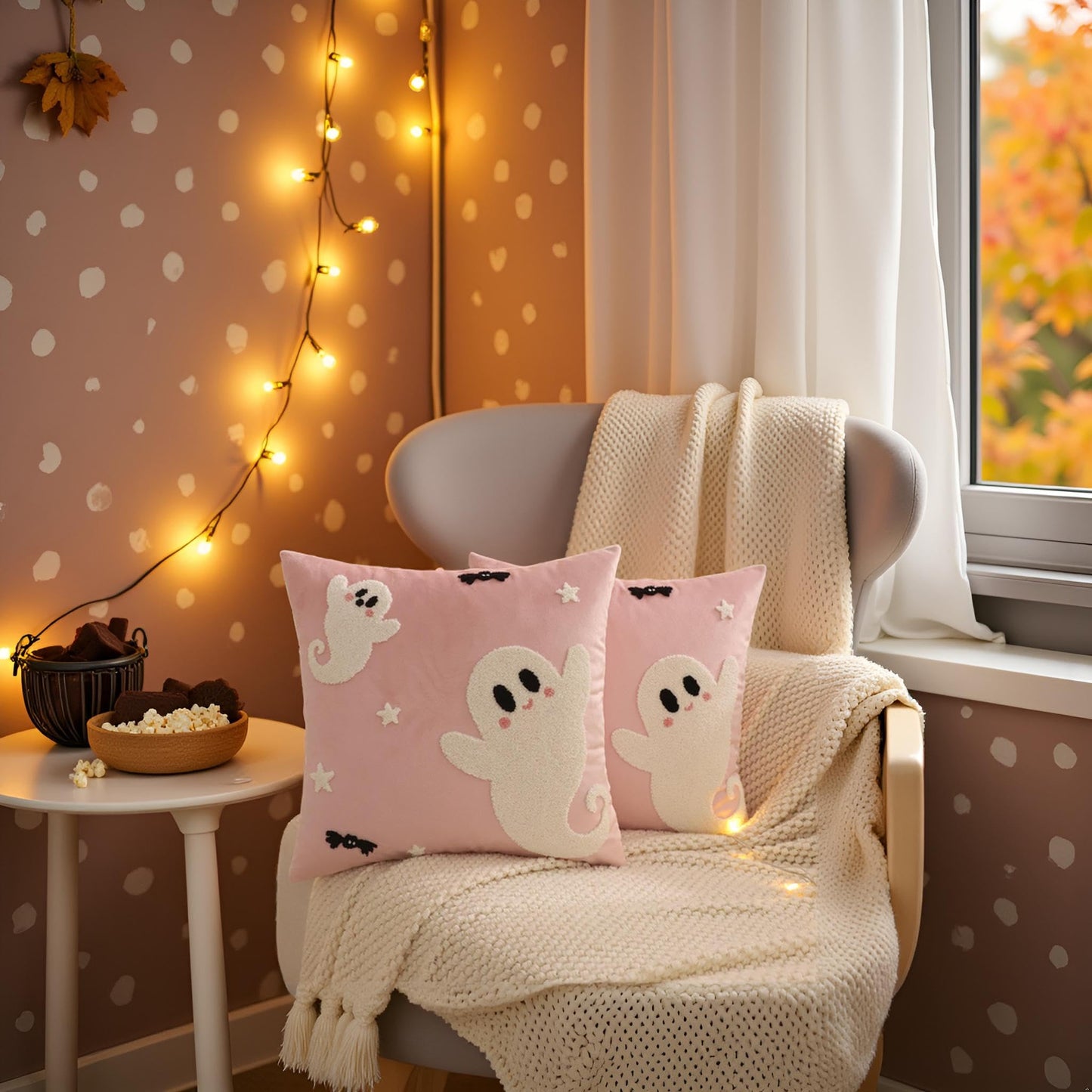Tosleo Halloween Throw Pillow Covers 18x18 inch Set of 2 Halloween White Spooky Ghosts Embroidered Pillow Cases Thanksgiving Home Party Fall Decor Pillowcases Square Pink Velvet Cushion Covers
